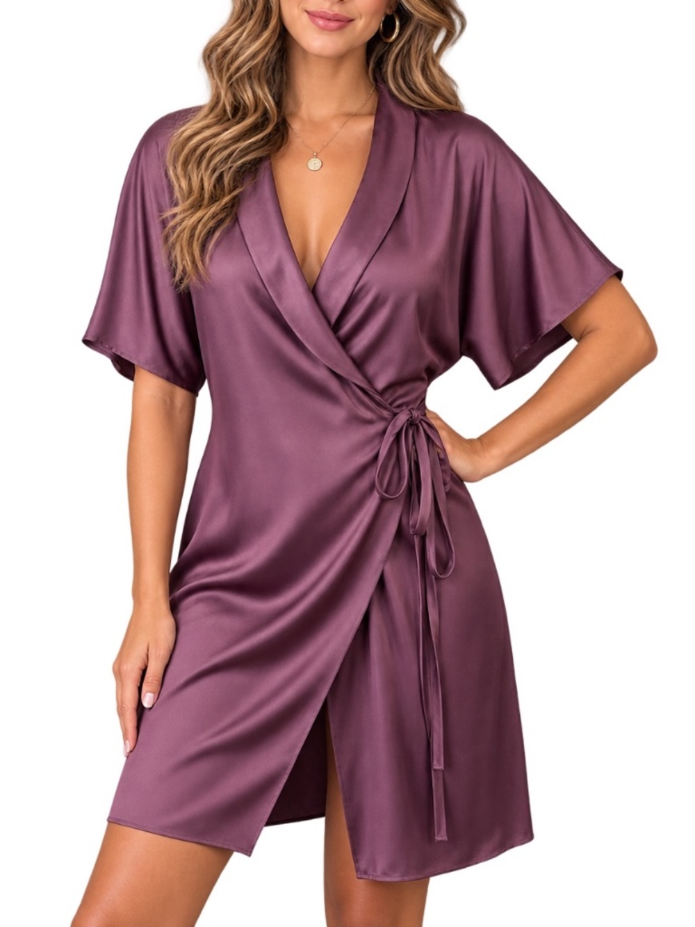 AYR Burgundy Plum Satin Kimono Wrap Mini Dress Shawl Collar Tie Waist Pockets M
